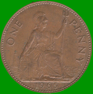 MONEDA DE REINO UNIDO 1 PENIQUE, AÑO 1965, ESTADO USADA.-