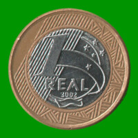 MONEDA DE BRASIL 1 REAL, BIMETALICA, AÑO 2002 ESTADO USADA.-