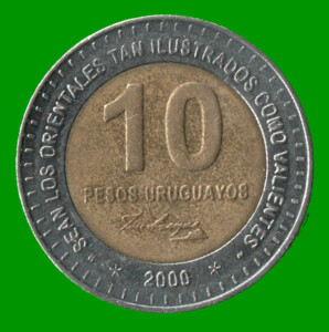 MONEDA DE URUGUAY $ 10,00 , CONMEMORATIVA, AÑO 2000, ESTADO USADA.-