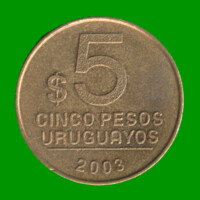 MONEDA DE URUGUAY $ 5,00 , AÑO 2003, ESTADO USADA.-