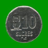 MONEDA DE ECUADOR 10 SUCRES, AÑO 1991, ESTADO USADA.-