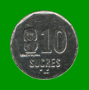 MONEDA DE ECUADOR 10 SUCRES, AÑO 1991, ESTADO USADA.-