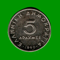 MONEDA DE GRECIA 5 DRACMA, AÑO 1990, ESTADO USADA.-