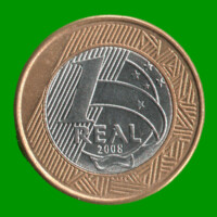 MONEDA DE BRASIL 1 REAL, BIMETALICA, AÑO 2008, ESTADO USADA.-