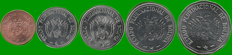 BOLIVIA SET DE CINCO MONEDAS 10, 20 Y 50 CENTAVOS Y 1, 2 BOLIVIANOS, AÑO 2012, ESTADO NUEVAS.- - Imagen 2