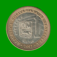 MONEDA DE VENEZUELA 1 BOLIVAR, BIMETALICA, AÑO 2007, ESTADO USADA.-