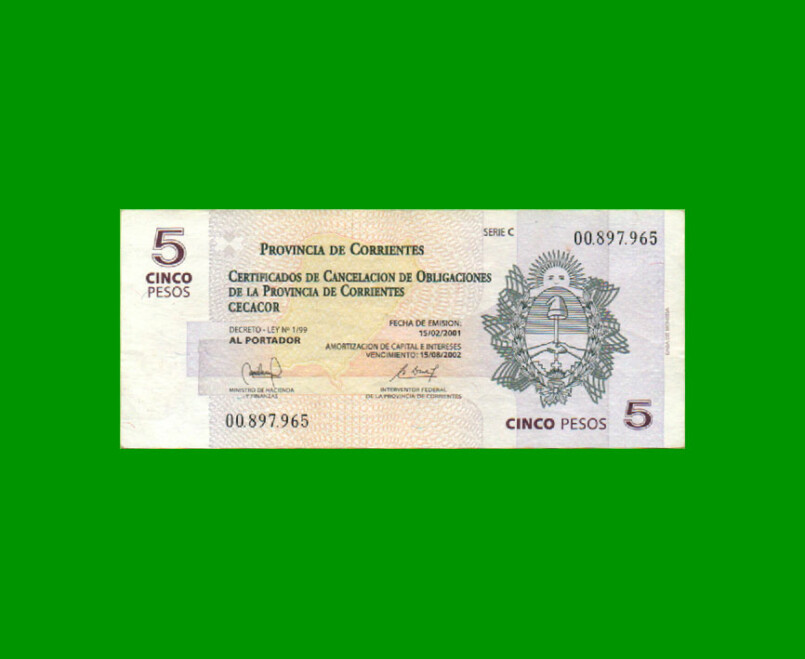 BONO CORRIENTES $5,00, EC 315, SERIE C, ESTADO MUY BUENO.-