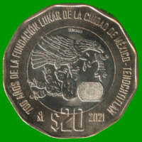 MONEDA DE MEXICO 20 PESOS, CONMEMORATIVA, BIMETALICA, AÑO 2021, TEOCALLI, ESTADO NUEVA.-