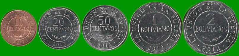 BOLIVIA SET DE CINCO MONEDAS 10, 20 Y 50 CENTAVOS Y 1, 2 BOLIVIANOS, AÑO 2012, ESTADO NUEVAS.-