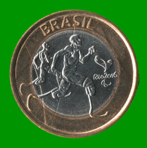 MONEDA DE BRASIL 1 REAL, CONMEMORATIVA, ATLETISMO PARAOLIMPICO, AÑO 2015, ESTADO USADA.-