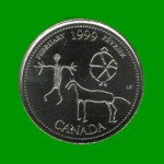 MONEDA DE CANADA 25 CENTAVOS, AÑO 1999, CONMEMORATIVA, DIBUJO DE PERSONA Y ANIMAL, ESTADO NUEVA.-