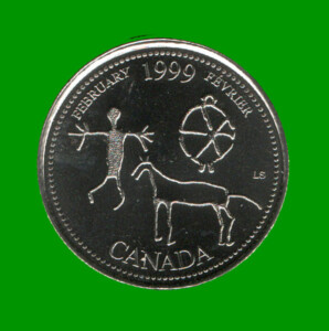 MONEDA DE CANADA 25 CENTAVOS, AÑO 1999, CONMEMORATIVA, DIBUJO DE PERSONA Y ANIMAL, ESTADO NUEVA.-