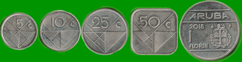 ARUBA SET DE CINCO MONEDAS 5, 10, 25, 50 CENTAVOS Y 1 FLORIN, AÑO 2015, ESTADO NUEVAS.-