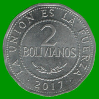MONEDA DE BOLIVIA 2 BOLIVIANOS, AÑO 2017, ESTADO USADA.-