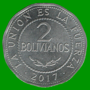 MONEDA DE BOLIVIA 2 BOLIVIANOS, AÑO 2017, ESTADO USADA.-