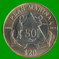 MONEDA DE MEXICO 20 PESOS, BIMETALICA, CONMEMORATIVA "PLAN MARINA 50 AÑOS", AÑO 2016, ESTADO NUEVA.-