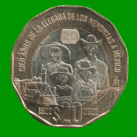 MONEDA DE MEXICO 20 PESOS, BIMETALICA, CONMEMORATIVA "CIEN AÑOS DE LA LLEGADA DE LOS MENONITAS - COMUNIDAD PIONERA", AÑO 2022, ESTADO NUEVA.-