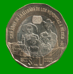 MONEDA DE MEXICO 20 PESOS, BIMETALICA, CONMEMORATIVA "CIEN AÑOS DE LA LLEGADA DE LOS MENONITAS - COMUNIDAD PIONERA", AÑO 2022, ESTADO NUEVA.-