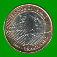 MONEDA DE BRASIL 1 REAL, CONMEMORATIVA 25 AÑOS DE REAL, AÑO 2019, ESTADO NUEVA.-