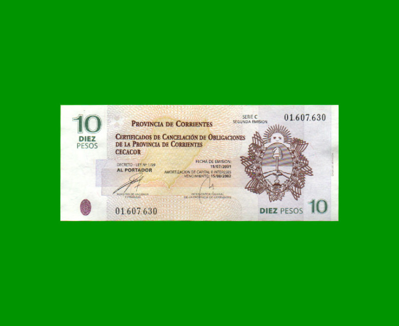 BONO CORRIENTES $10,00, EC 319, SERIE C, ESTADO EXCELENTE+ .-