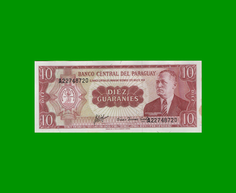 BILLETE DE PARAGUAY 10 GUARANIES, PICK 196a, ESTADO EXCELENTE.-