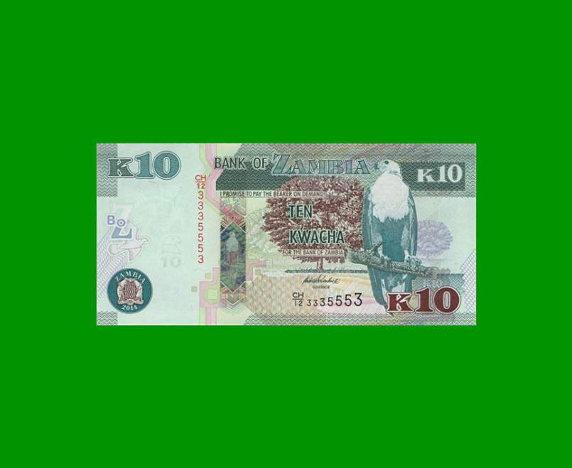 BILLETE DE ZAMBIA 10 KWACHA, PICK 51, AÑO 2012, ESTADO SIN CIRCULAR.-