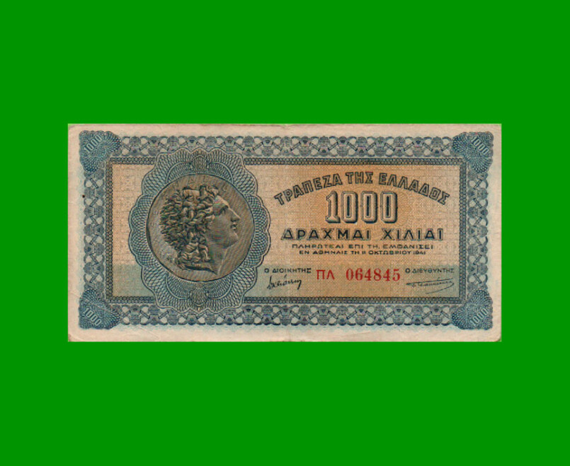 BILLETE DE GRECIA 1000 DRACMAS, PICK 117b, AÑO 1941, ESTADO MUY BUENO.-