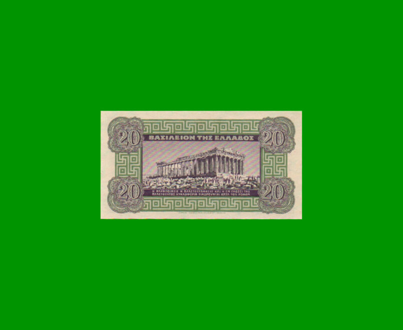 BILLETE DE GRECIA 20 DRACMAS, PICK 315, AÑO 1940, ESTADO SIN CIRCULAR .- - Imagen 2