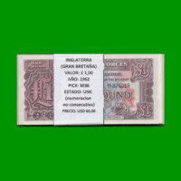 FAJO DE BILLETES DE INGLATERRA 1 LIBRA, PICK M36, AÑO 1962, ESTADO SIN CIRCULAR.-