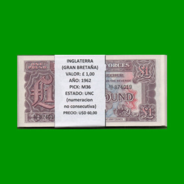 FAJO DE BILLETES DE INGLATERRA 1 LIBRA, PICK M36, AÑO 1962, ESTADO SIN CIRCULAR.-