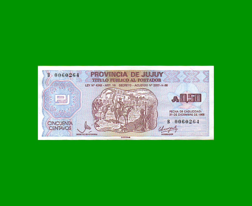 BONO DE JUJUY 0,50 AUSTRALES, EC 011, AÑO 1986, ESTADO EXCELENTE.-