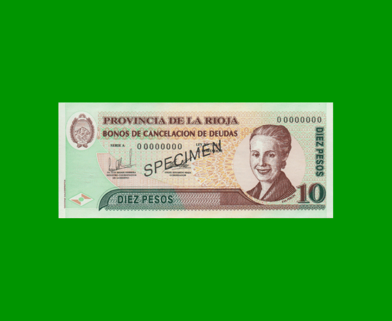 BONO DE LA RIOJA $10,00 SERIE A, SPECIMEN, AÑO 2001, ESTADO SIN CIRCULAR.-