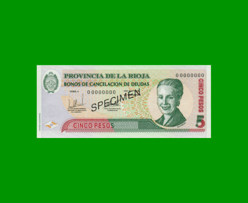 BONO DE LA RIOJA $5,00 SERIE A, SPECIMEN, AÑO 2001, ESTADO SIN CIRCULAR.-