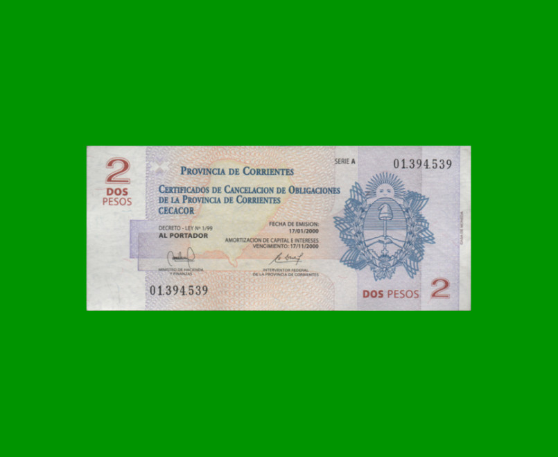 BONO CORRIENTES $2,00, EC 310, SERIE A, ESTADO EXCELENTE.-