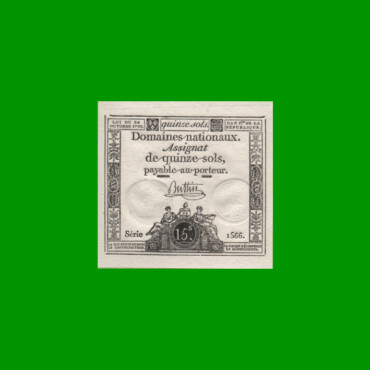 BILLETE DE FRANCIA 15 SOLS, PICK A65, AÑO 1792, ESTADO SIN CIRCULAR.-