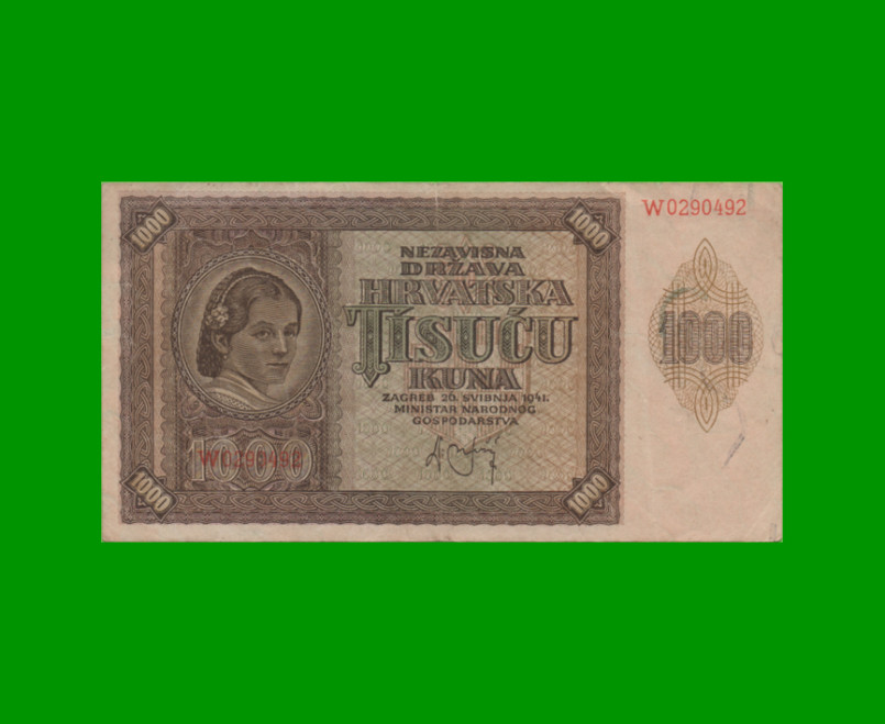 BILLETE DE CROACIA 1.000 KUNA, PICK 4, AÑO 1941, ESTADO MUY BUENO+.-