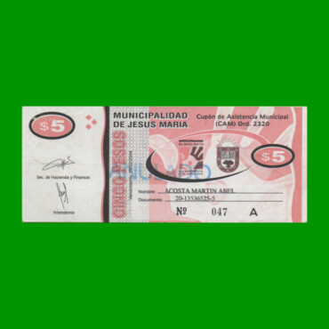 BONO MUNICIPALIDAD DE JESUS MARIA $5,00, ANULADO, AÑO 2004, ESTADO EXCELENTE- .-
