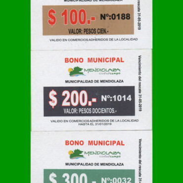SERIE COMPLETA DE BONOS MUNICIPALIDAD DE MENDIOLAZA (3) BILLETES, AÑO VTO 2019, ESTADO SIN CIRCULAR.-