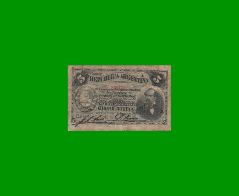 BILLETE FRACCIONARIO 0,05 CTVOS, BOT 1011, AÑO 1891, ESTADO BUENO+.-