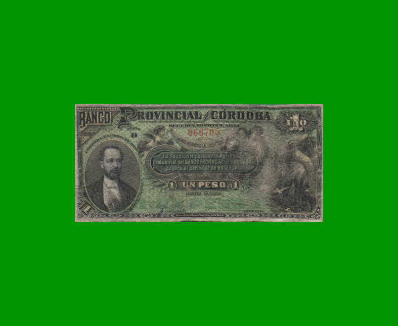 BILLETE PROVINCIA DE CORDOBA $ 1,00, PICK S741, AÑO 1888, ESTADO BUENO.-