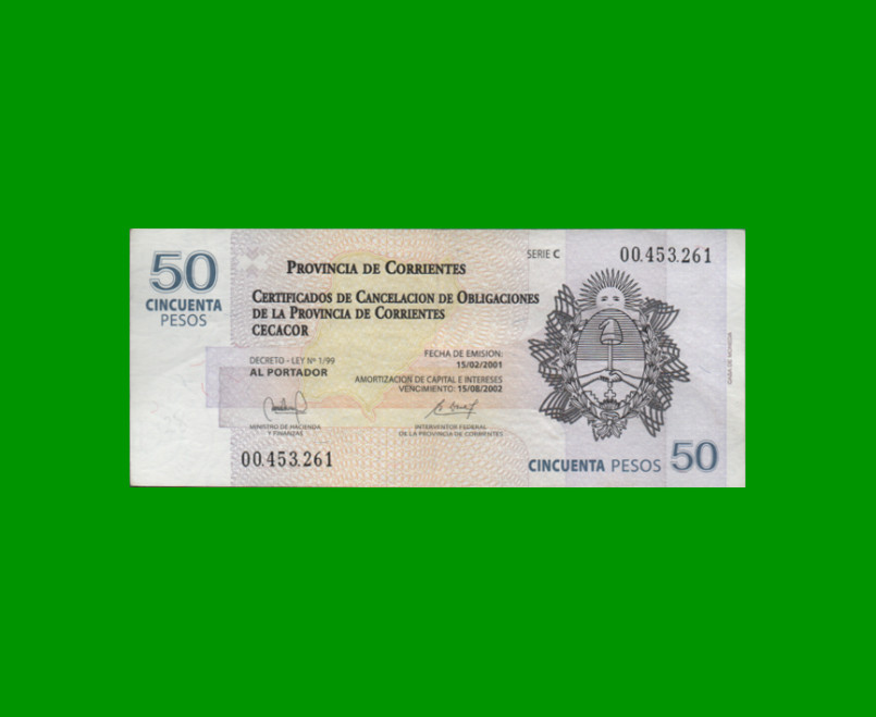 BONO CORRIENTES $50,00, EC 323, SERIE C, ESTADO MUY BUENO+.-