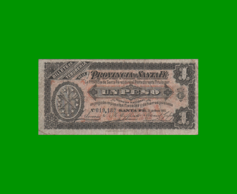 BILLETE PROVINCIA DE SANTA FE $ 1,00, PICK S2214, AÑO 1890, ESTADO MUY BUENO.-