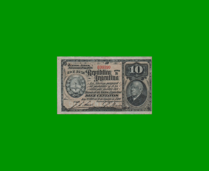 BILLETE FRACCIONARIO 0,10 CTVOS, BOT 1019, AÑO 1891, ESTADO MUY BUENO.-