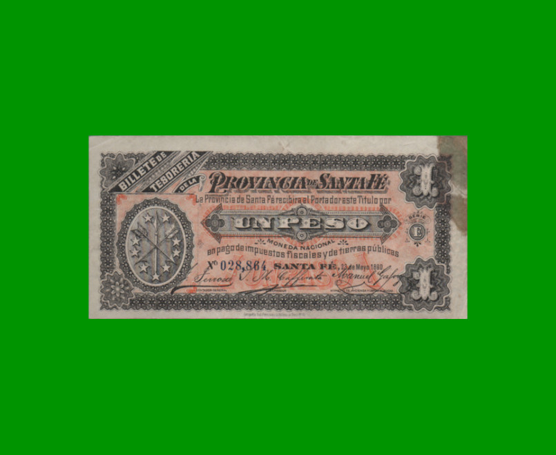 BILLETE PROVINCIA DE SANTA FE $ 1,00, PICK S2214, AÑO 1890, ESTADO MUY BUENO+.-