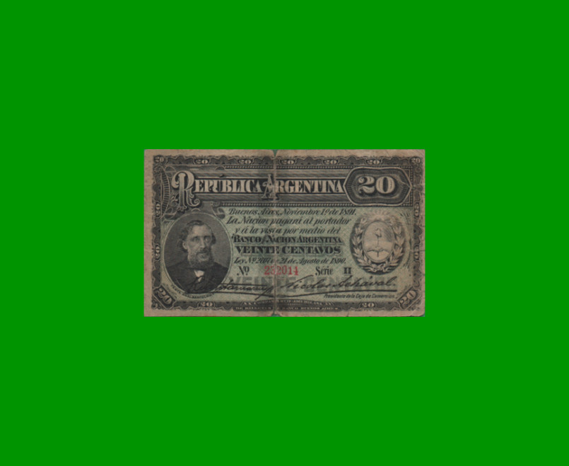 BILLETE FRACCIONARIO 0,20 CTVOS, BOT 1023, AÑO 1891, ESTADO REGULAR.-