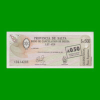 BONO DE SALTA $a500,00, RESELLADO A 0,50CTVOS DE AUSTRALES EC 007, AÑO 1985, ESTADO SIN CIRCULAR.-