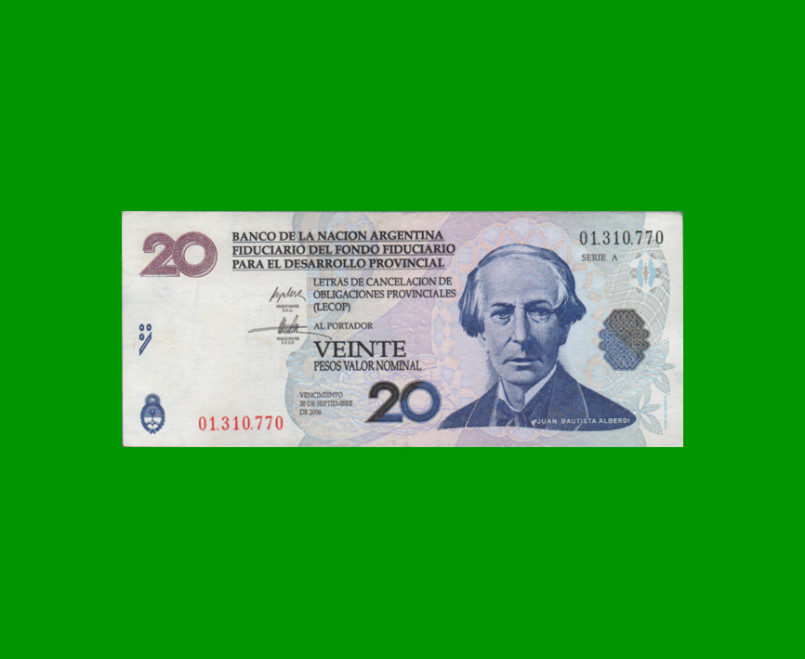 BONO NACIONAL $ 20,00, EC 206, AÑO 2001, ESTADO MUY BUENO+.-