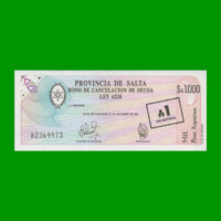 BONO DE SALTA $a1.000,00, RESELLADO A 1,00 AUSTRAL, EC 008, AÑO 1985, ESTADO SIN CIRCULAR.-