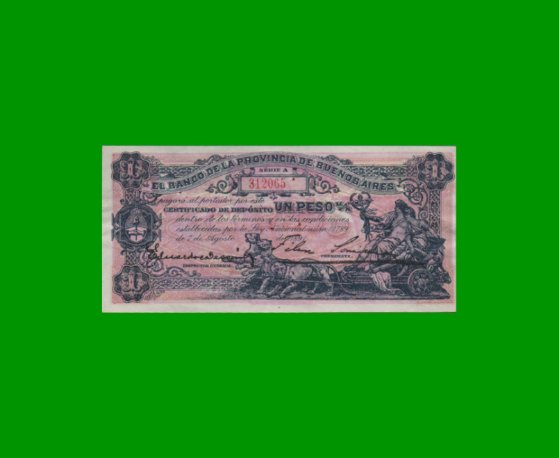 BILLETE PROVINCIA DE BUENOS AIRES $ 1,00, PICK S573b, AÑO 1891, ESTADO EXCELENTE.-