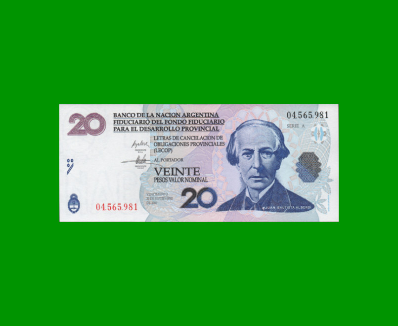 BONO NACIONAL $ 20,00, EC 206, AÑO 2001, ESTADO EXCELENTE.-